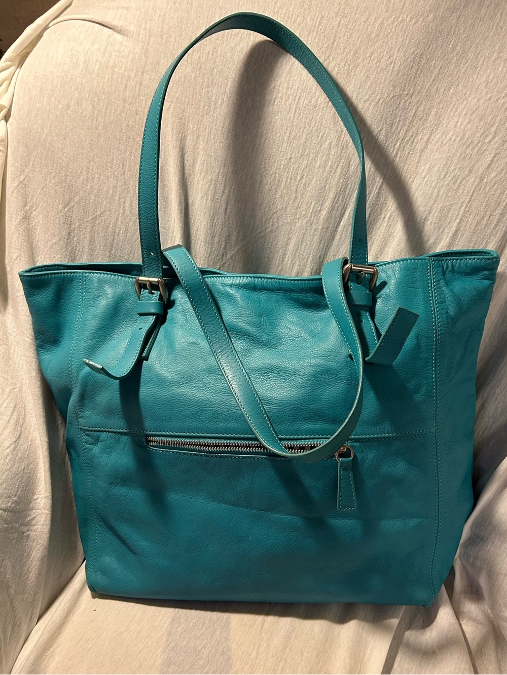 Garnet Hill Women's Teal Blue Leather Shoulder Tote Made in Italy